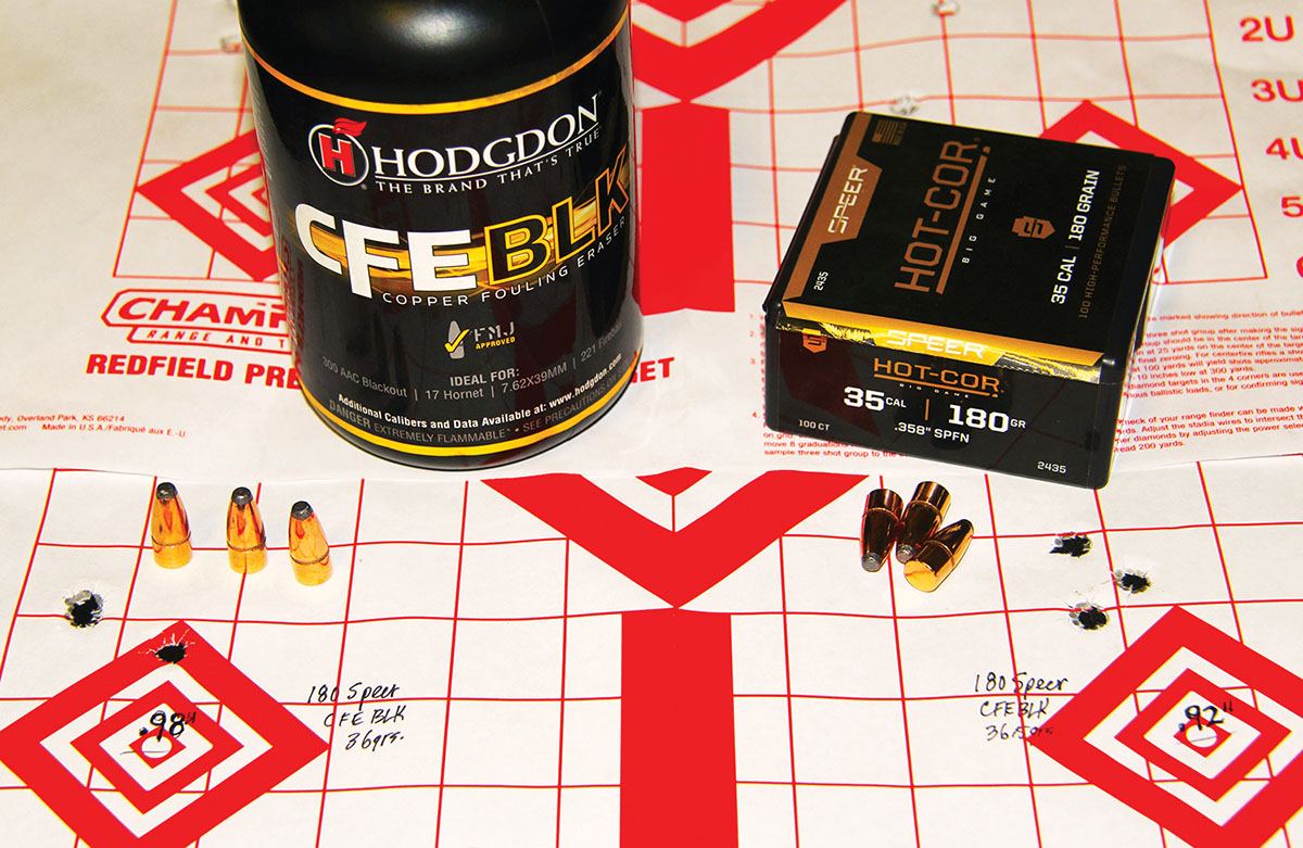 Hodgdon’s CFE BLK and Speer’s 180-grain Hot-Cor SPFN paired well, producing a .98-inch group at 2,432 fps with 36 grains of powder (left) and .92-inch at 2,446 fps with 36.5 grains of powder (right).